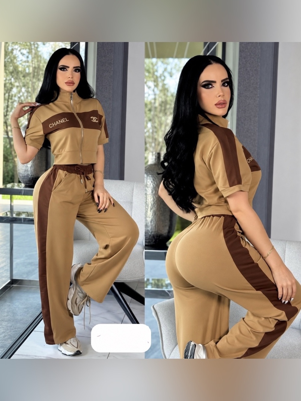 Chic Two-Tone Brown Track Set - Women's Pants & Cropped Jacket size S